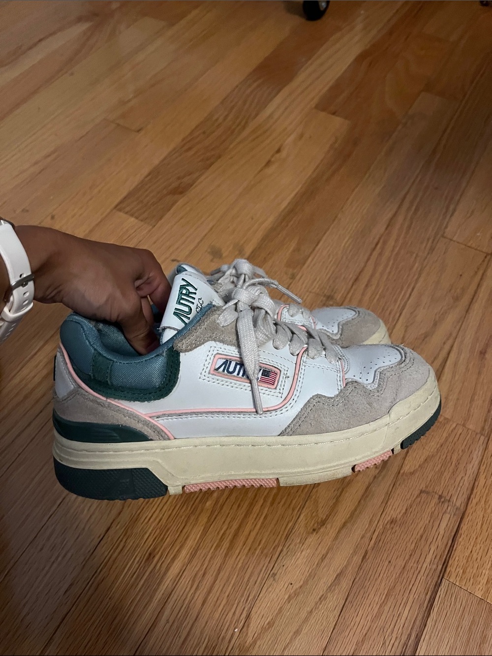 Autry Low-Top Sneaker in White with Teal and Pink Accents